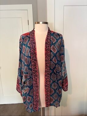Tolani Boho Open Front Kimono Cardigan in Teal & Red OS perfect condition